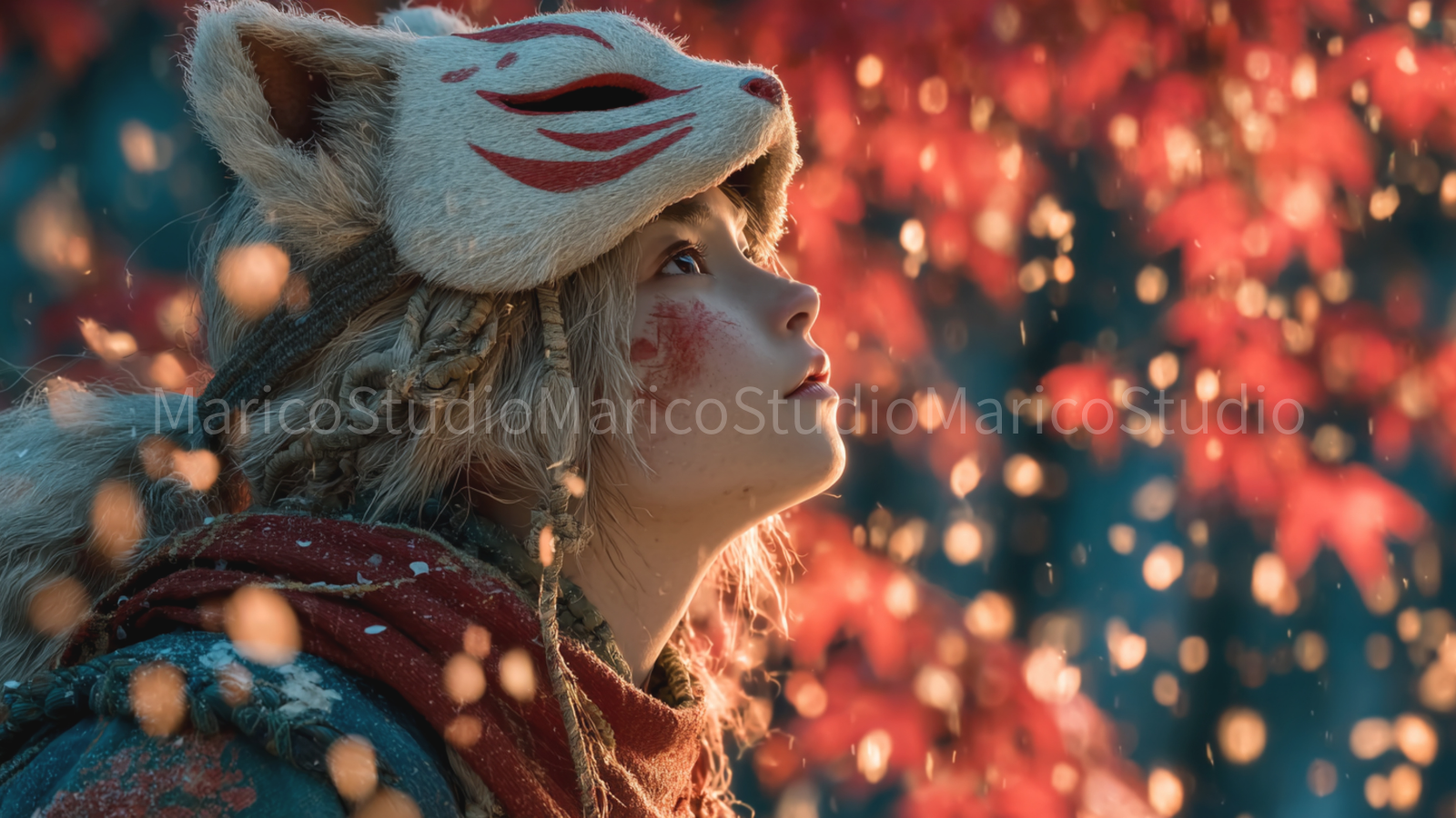 狐のお面の女性と紅葉